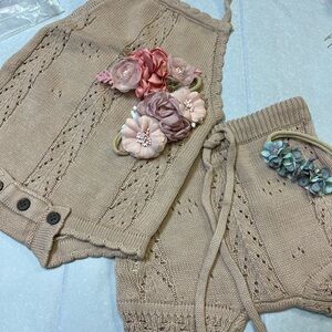 Beige Knit Two-Piece Set with Floral Accents